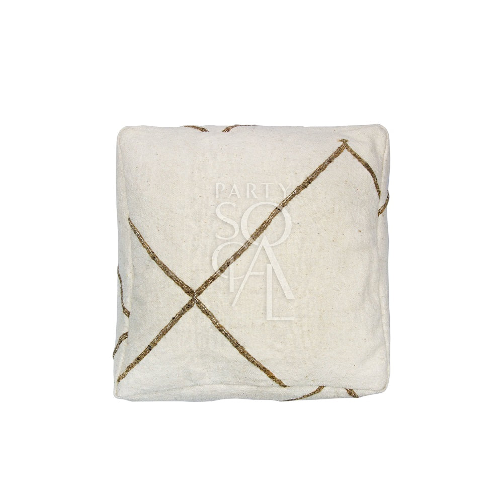 FABRIC & JUTE POUFS, featuring elegant gold lines, versatile for use as a pouf, small table, or decorative element in any event setting.
