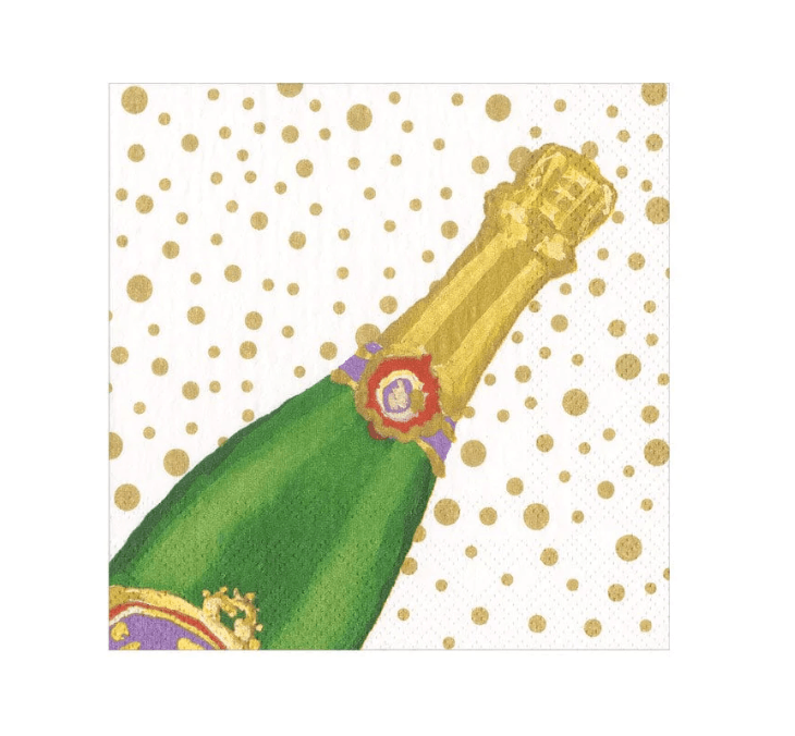 Champers Cocktail Napkins - a bottle of champagne and a green bottle with gold and purple labels on a paper napkin.