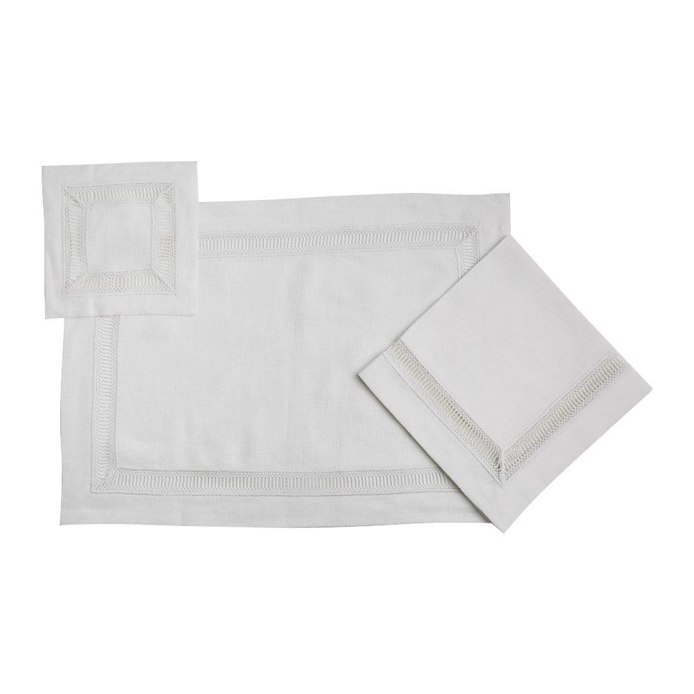 Classic Border Pure Linen Coasters - Set of 4, featuring elegant lace trim and square design. Ideal for special table setups.