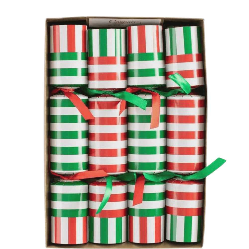 Club Stripe Celebration Christmas Crackers in Red & Green - a festive box of beautifully designed and coordinated table decorations for your Christmas theme.