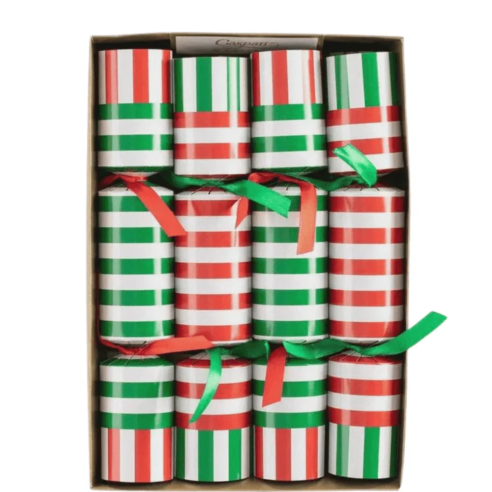 Club Stripe Celebration Christmas Crackers in Red & Green - a festive box of beautifully designed and coordinated table decorations for your Christmas theme.
