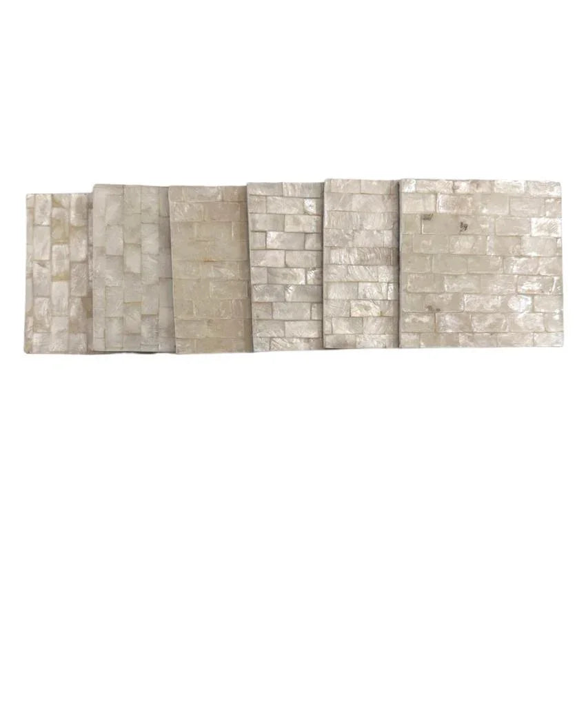 A set of premium, limited Coaster Seashells for your home and events, featuring a row of white bricks and a close-up of a stone wall.