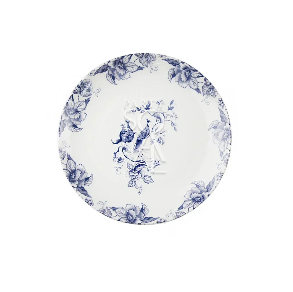 This plate features a classic blue and white porcelain-style design with intricate detailing. It is decorated with elegant bird and floral patterns, where graceful birds with flowing tails are perched among delicate branches and blossoms. The artwork is evenly spread across the surface, creating a balanced and sophisticated look.