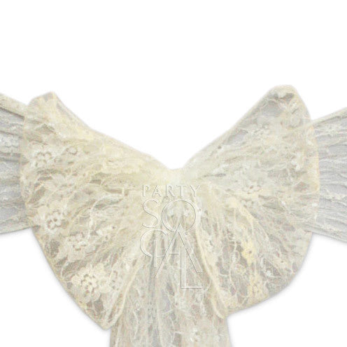 Ivory lace chair sash with intricate lace bow design, perfect for enhancing event chairs. Dimensions: 260cm L x 20cm W. Ideal for weddings and special occasions.