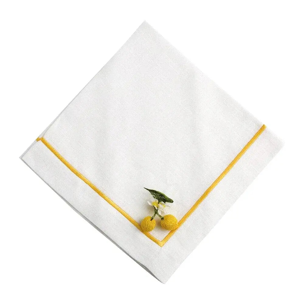 Yellow Lined Pure Linen Dinner Napkin - Set of 2, featuring white linen with yellow border, adorned with crocheted lemons and flower in corner, ideal for elegant dining.