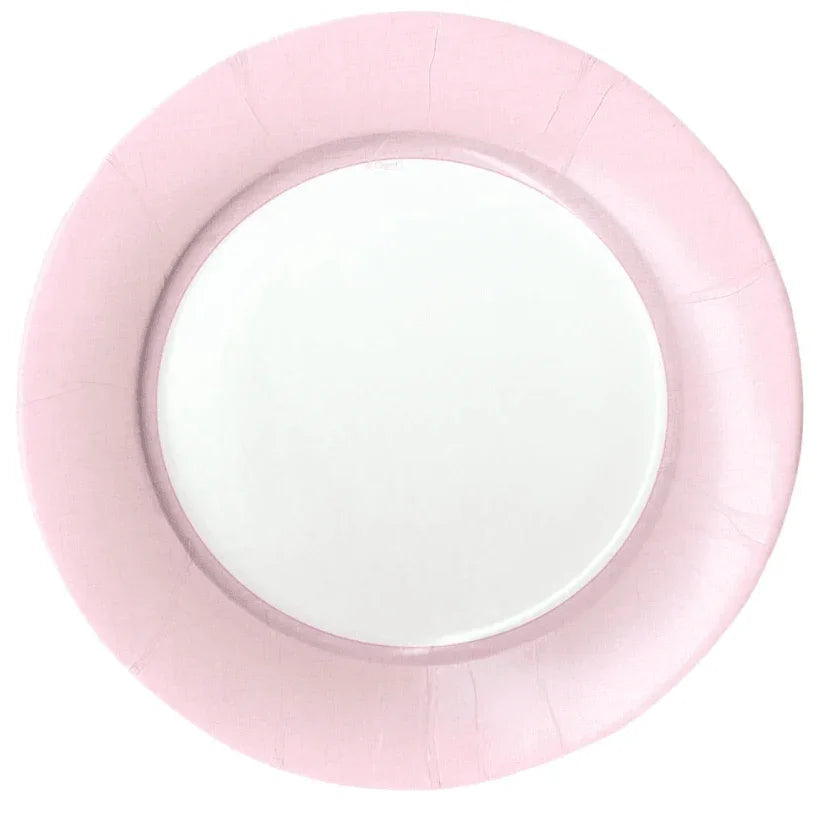 Linen Border Paper Salad & Dessert Plates - 8 Per Package: Elegant pink and white plates with a stylish design, perfect for any occasion.