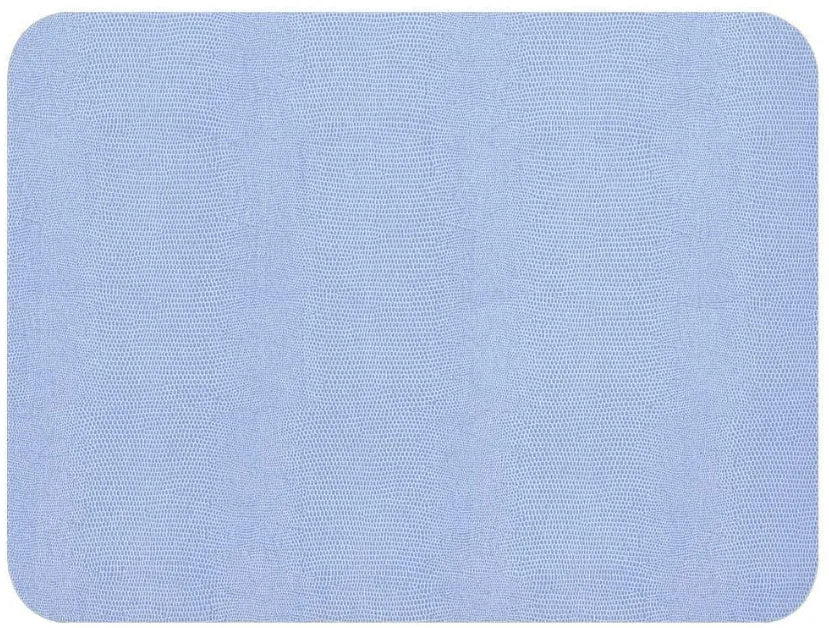 A close-up of a lizard patterned placemat with a felt backing. Handcrafted in the United States, it features a durable faux leather surface.