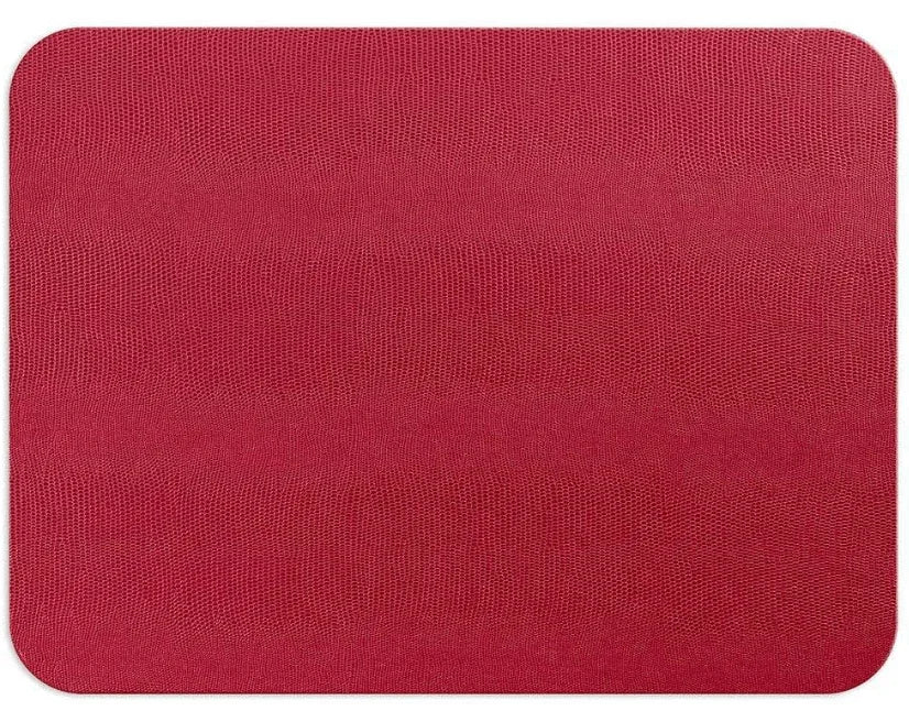 A close-up of a red lizard patterned felt-backed placemat from Party Social&