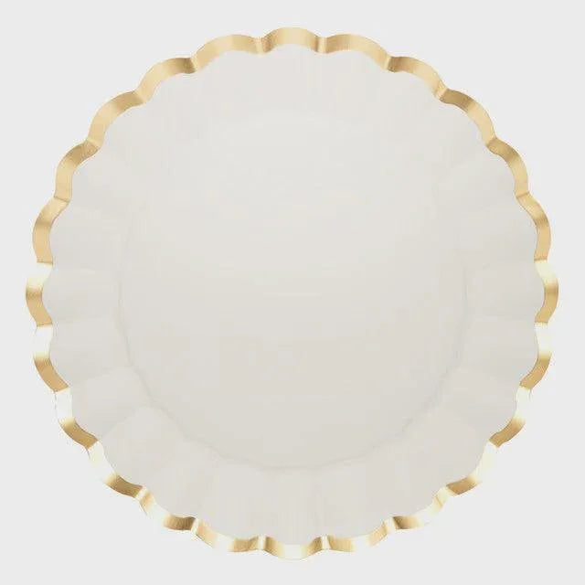 Lotus Gold Rim Paper charger plate, oval shape with brown border. Elevate events with elegance and style. Perfect for weddings, parties, and special occasions. Premium disposable partyware available at Party Social.