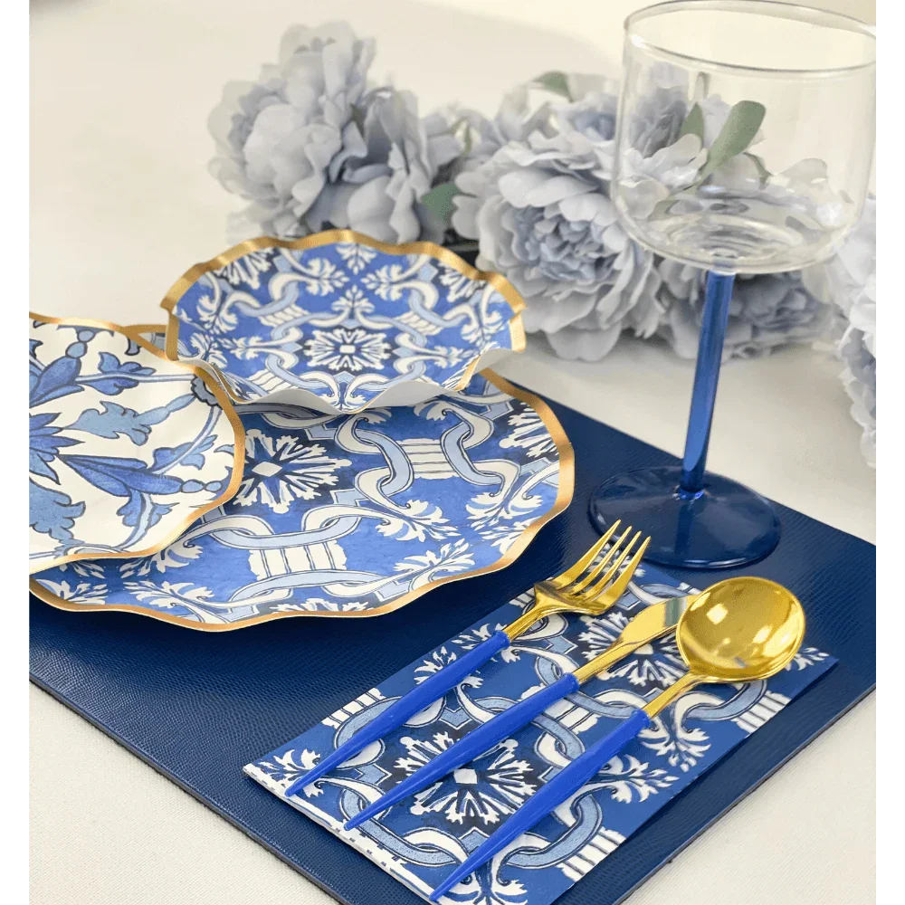 Moroccan Nights Paper Dinner Plate - 8 Per Package by Party Social. Metallic gold ruffled edge blue & white plates with Moroccan tile pattern. Elevate your event with elegance and style.