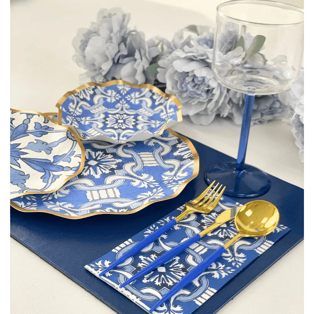 Moroccan Nights Paper Dinner Plate - 8 Per Package by Party Social. Metallic gold ruffled edge blue & white plates with Moroccan tile pattern. Elevate your event with elegance and style.