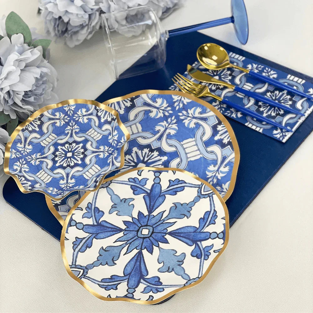 Moroccan Nights Paper Salad & Dessert Plate - 8 Per Package by Party Social: Blue & white plates with gold utensils, Moroccan tile pattern. Elegant touch for events.