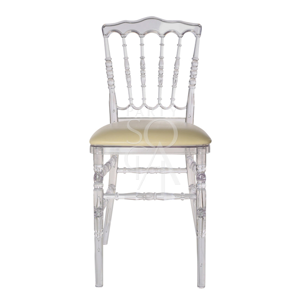 NAPOLEON ACRYLIC CHAIR: Transparent, armless design ideal for weddings and events, featuring classic lines suitable for versatile occasions.