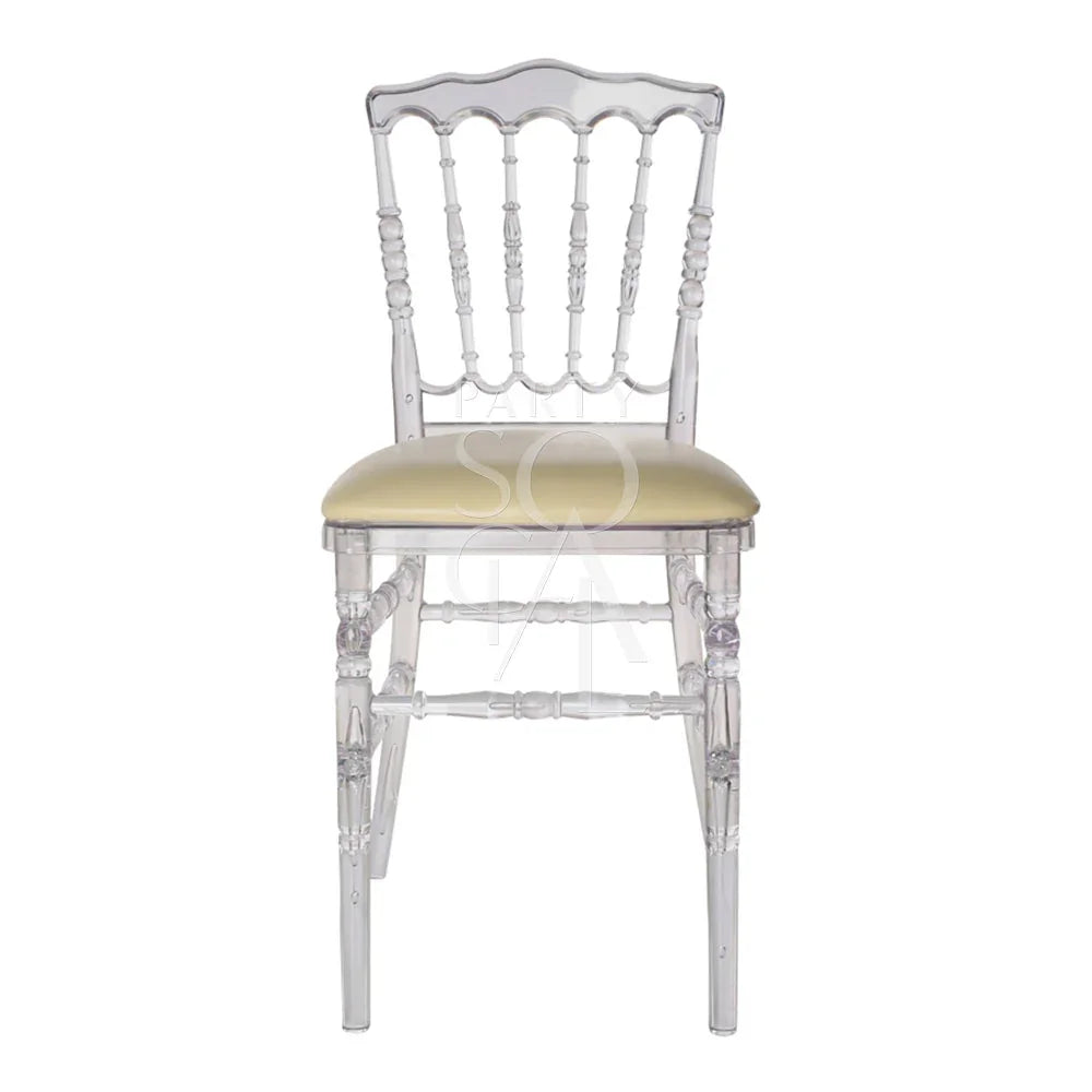 NAPOLEON ACRYLIC CHAIR: Transparent, armless design ideal for weddings and events, featuring classic lines suitable for versatile occasions.
