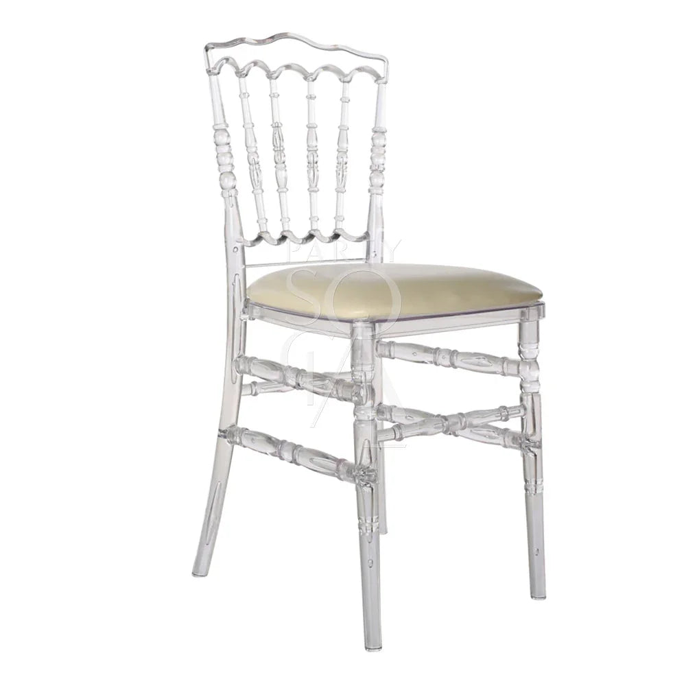 NAPOLEON ACRYLIC CHAIR: A sleek, transparent chair with a classic design, perfect for weddings and events. Features an elegant armless silhouette and clear construction.
