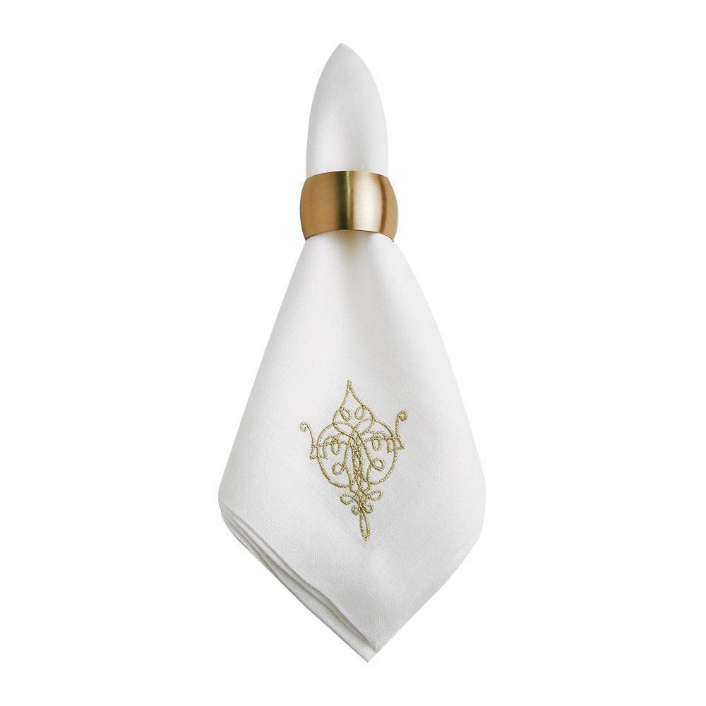 Oriental Pure Linen Dinner Napkin with Gold Ring - Elegant addition for special table setups. Luxury feel with pure linen. Available in various colors and designs. Ironing suggested prior to use.