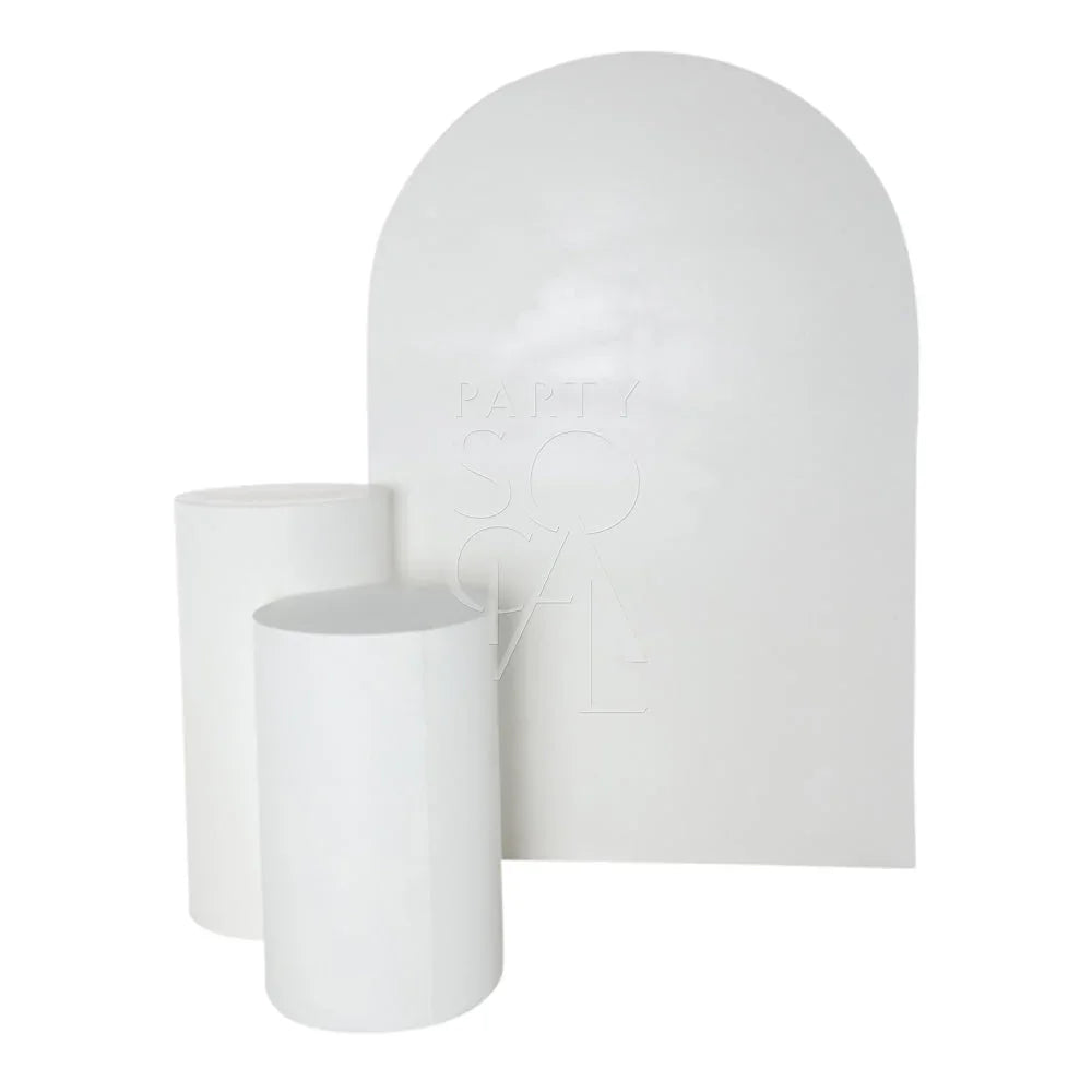 Round white podiums in various sizes, ideal for weddings and birthdays, lightweight and durable, perfect for event displays.
