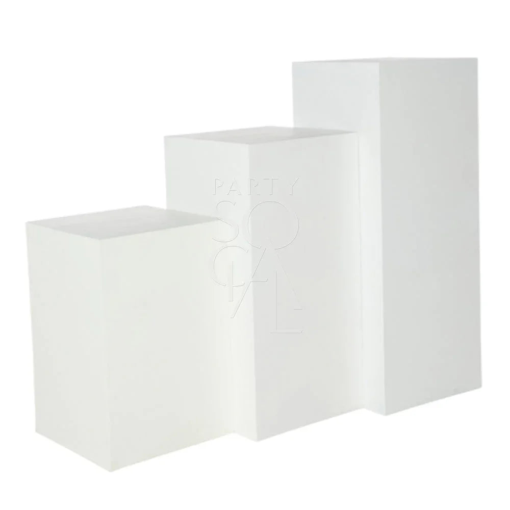 SQUARE WHITE PODIUMS: Lightweight, durable square podiums ideal for weddings and birthdays, available in various sizes, perfect for party and event setups.
