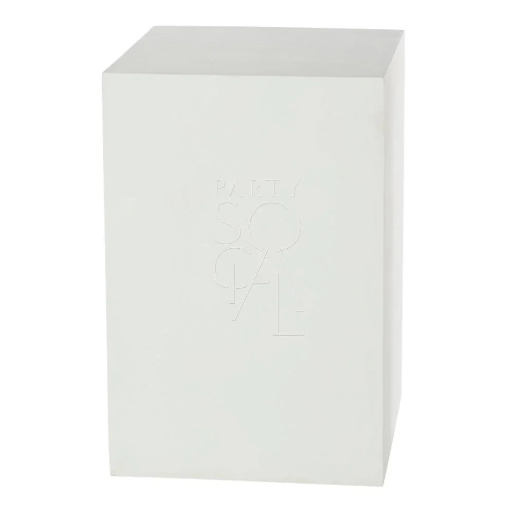Square white podiums, lightweight and durable, ideal for weddings and birthdays, featuring a sleek rectangular design with text detailing.
