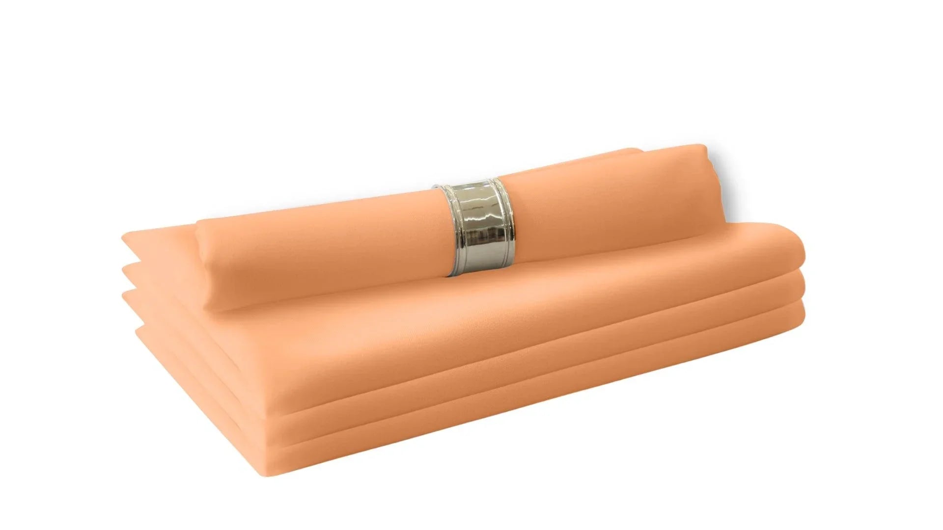 A stack of orange cloth dinner napkins, perfect for livening up your dining table. Made of polyester fabric, these reusable napkins provide a cloth feel without the need for paper or plastic. Available in a variety of colors to suit any theme or occasion. 4 per pack.