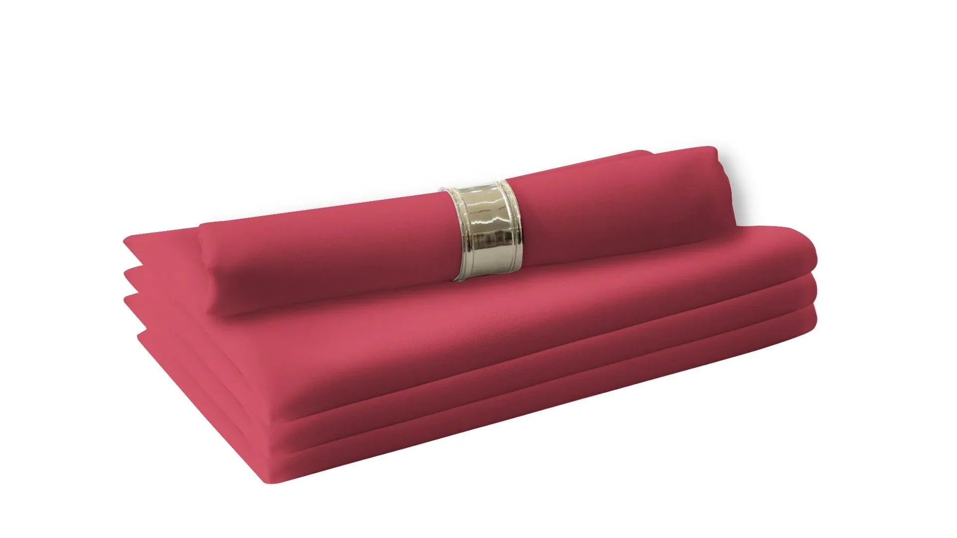 A stack of red cloth dinner napkins, perfect for livening up your dining table. Made of polyester fabric, these reusable napkins add a touch of elegance to any occasion. 4 per pack.