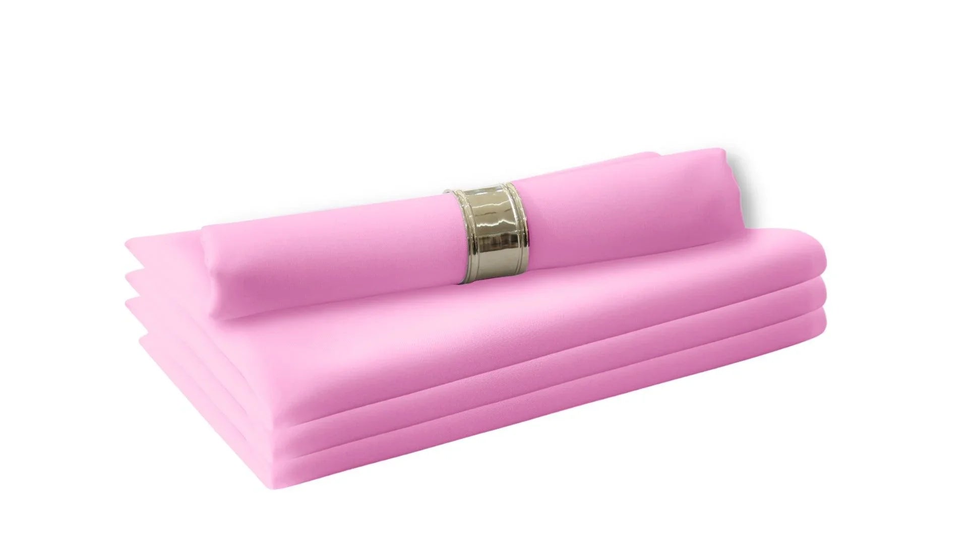 A stack of pink cloth dinner napkins, perfect for livening up your dining table. Made of polyester fabric, these reusable napkins offer a cloth feel without the need for paper or plastic. Available in various colors to suit any theme or occasion. Size: 50 x 50cm. Polycotton Napkins - 4 per pack.