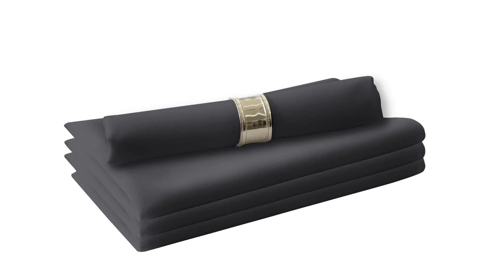 A stack of black cloth dinner napkins, perfect for livening up your dinner table. Made of polyester fabric, these reusable napkins offer a cloth feel without the need for paper or plastic. Available in a variety of colors to match any theme or occasion. 4 per pack.