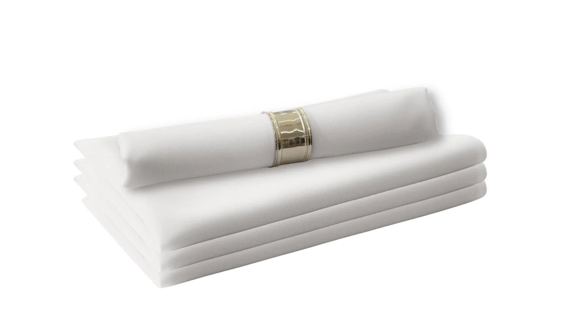 A stack of white folded polycotton napkins, perfect for livening up your dinner table. Easy to wash and reuse, these napkins are a staple in your dining table linens. 4 per pack.