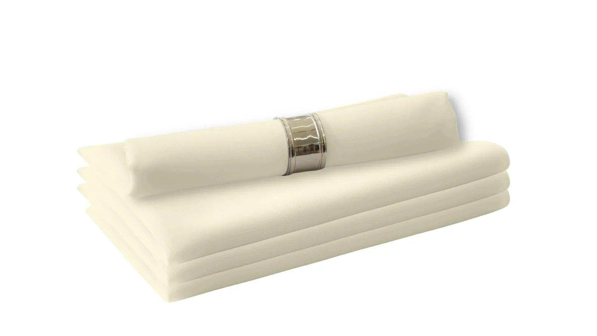 A stack of white cloth dinner napkins, perfect for livening up your dining table. Made of polyester fabric, these reusable napkins are a staple in your dining table linens. 4 per pack.