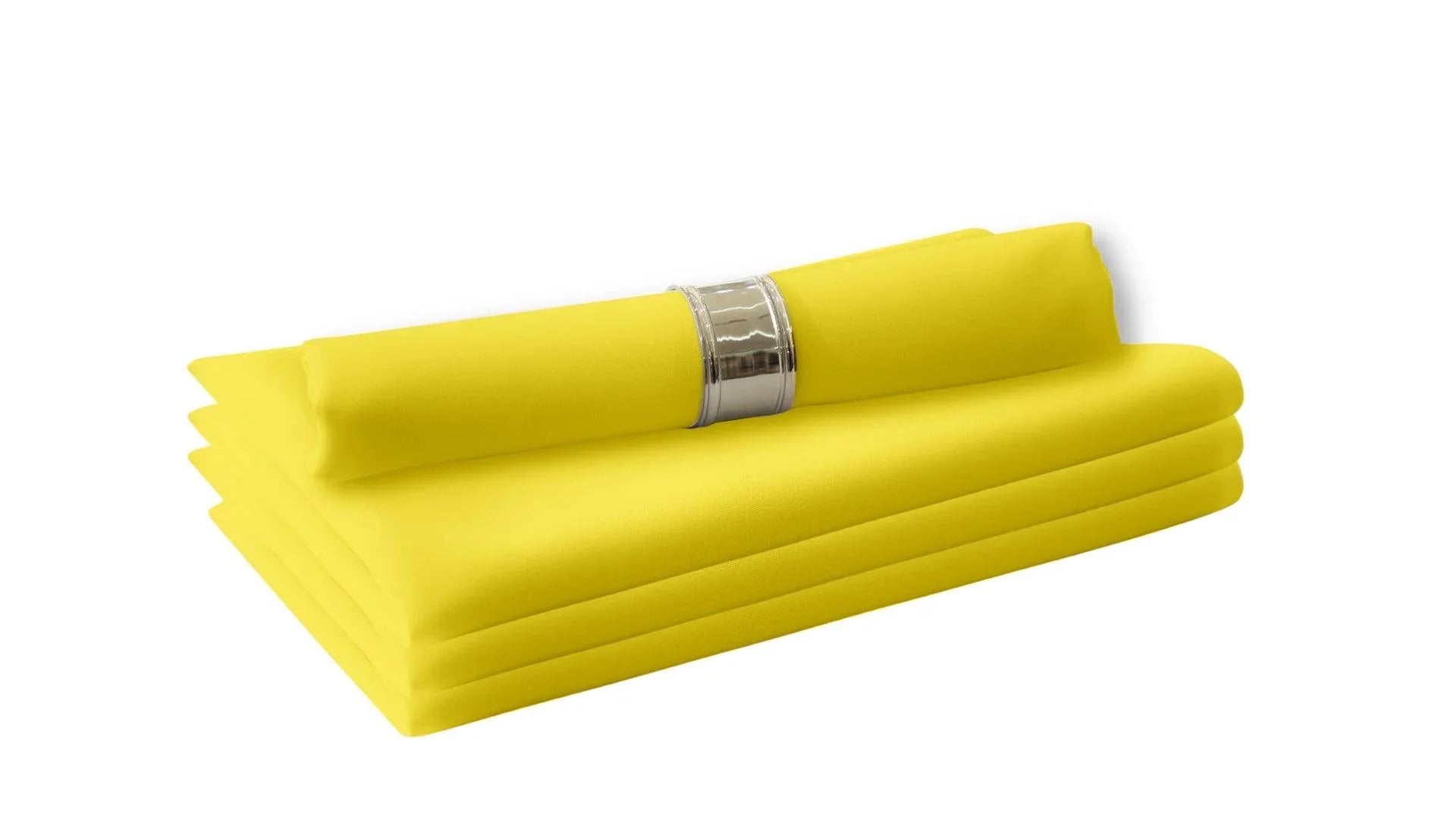 A stack of folded yellow cloth napkins, perfect for livening up your dinner table. Easy to wash and reuse, these polycotton napkins are a staple in your dining table linens. 4 per pack.