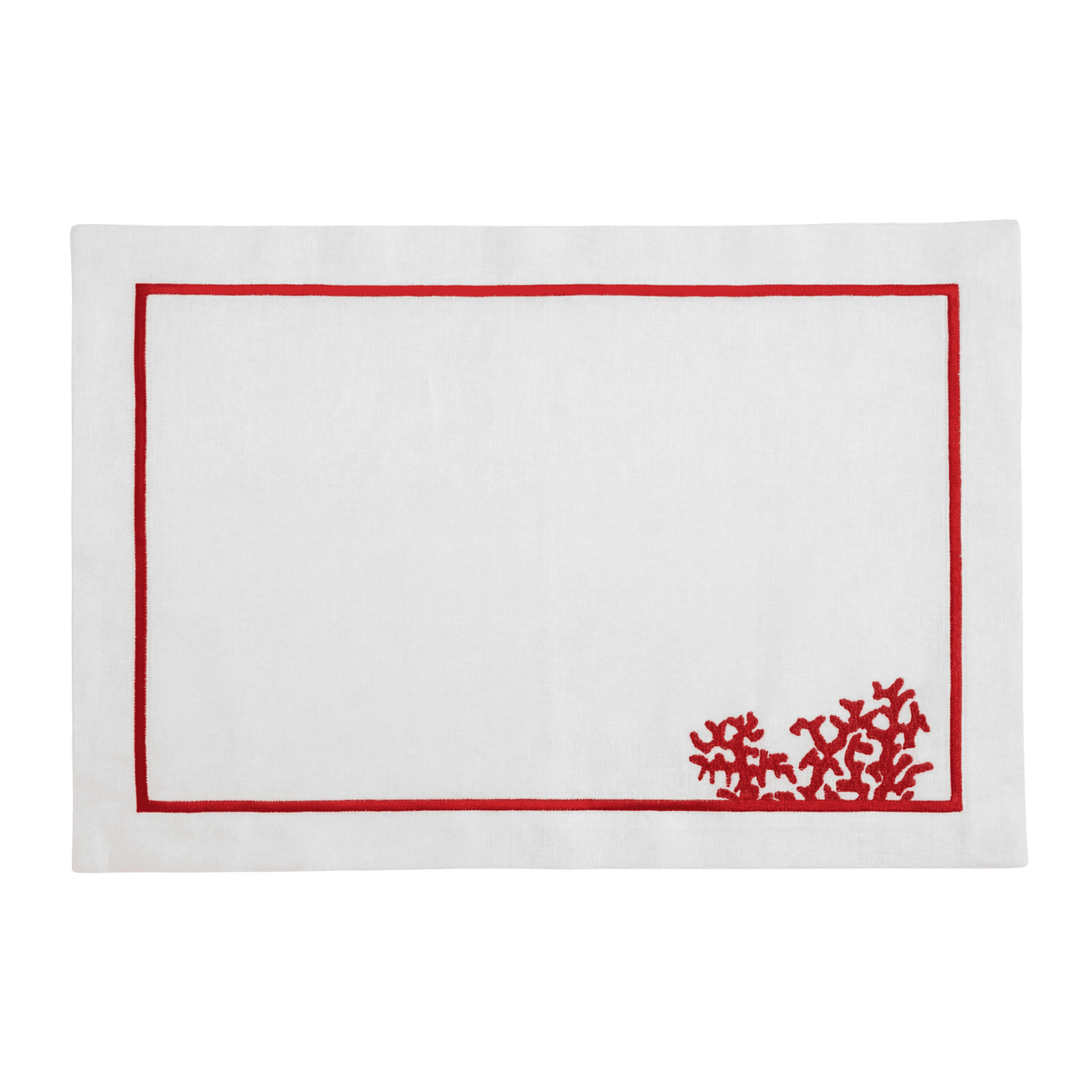 Red Coral Pure Linen Placemat with red border and coral motif, ideal for adding elegance to special occasions. Comes in a pack of two.