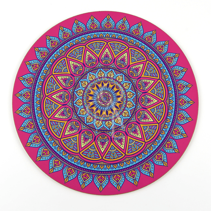 Round Die Cut Placemat with a captivating mandala motif, perfect for adding vibrancy to your table setting. Ideal for special events and themed parties. Available in 3 colors.