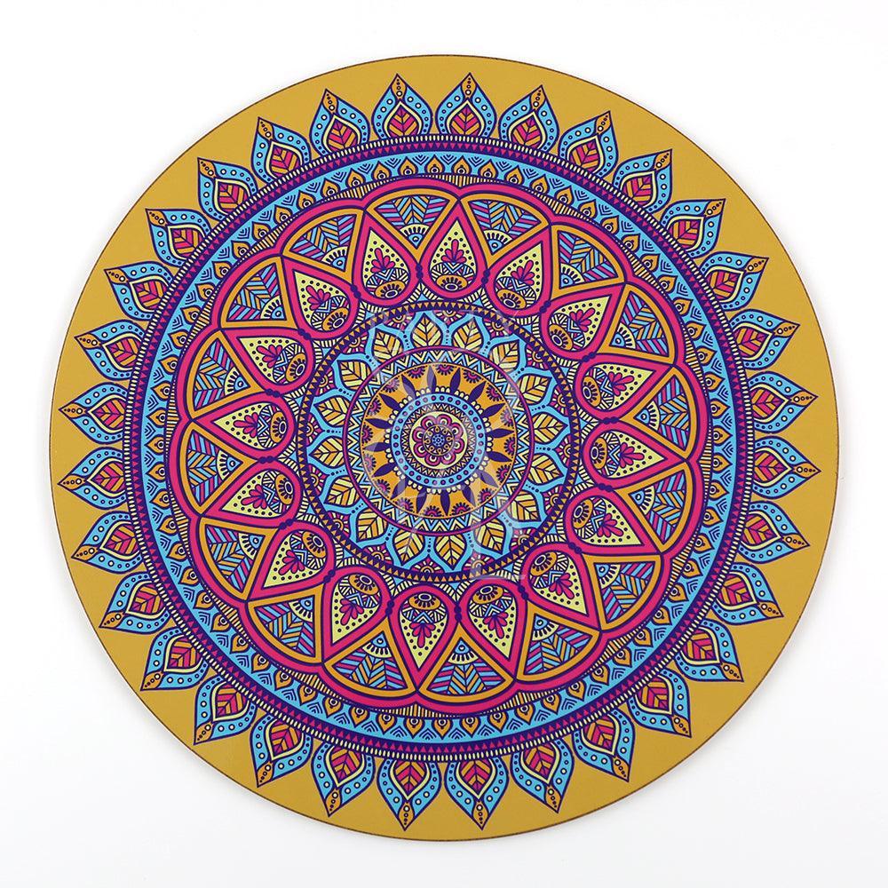 Round Die Cut Placemat featuring a captivating mandala motif, perfect for adding vibrancy to your table setting. Ideal for special events and themed parties. Available in 3 colors.