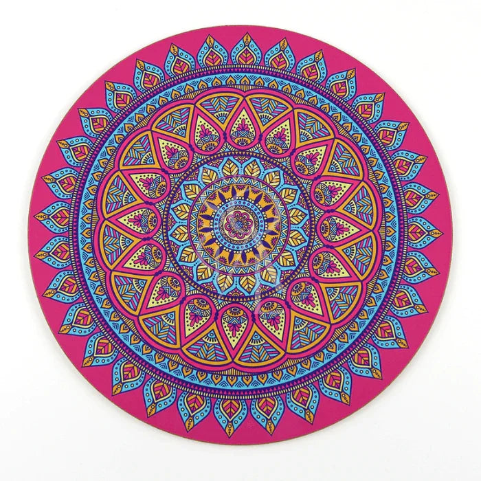Round Die Cut Placemat showcasing a captivating mandala motif, perfect for adding vibrancy to your table setup. Ideal for special events and themed parties. Available in 3 colors.