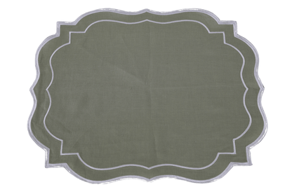 Scalloped linen placemats, set of 4, perfect for elegant table setups. Made with premium flax linen for a luxurious feel. Ironing suggested prior to use. 38 x 38cm.