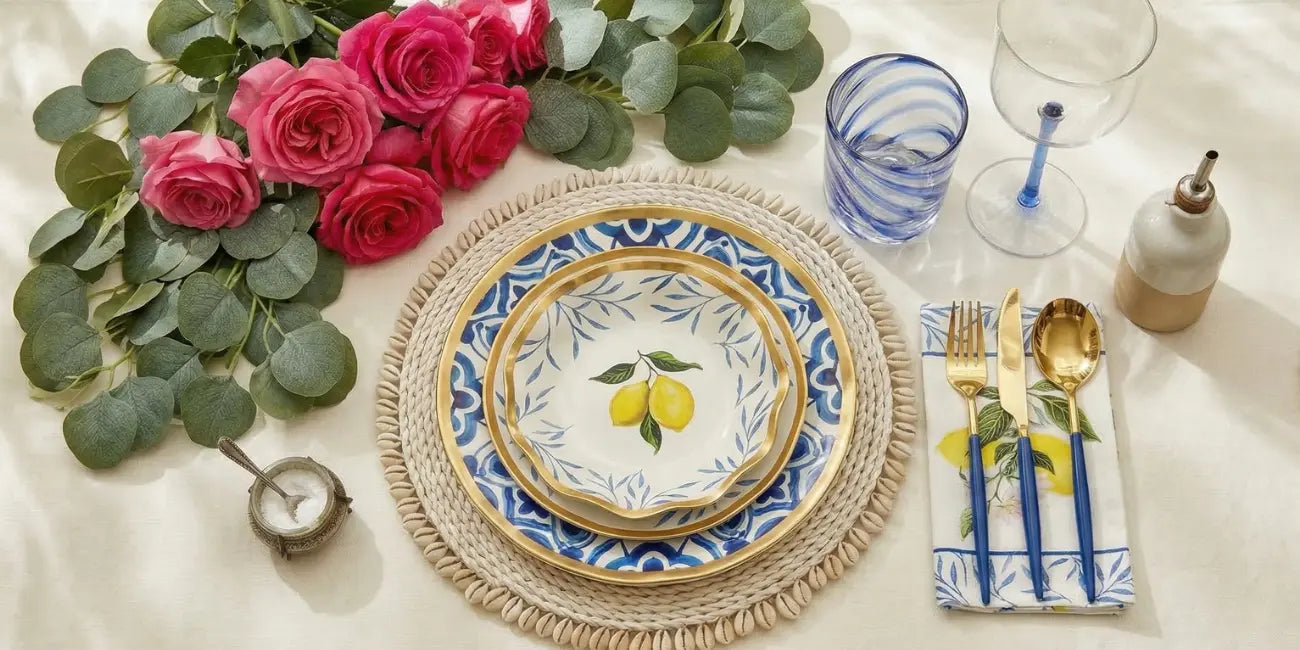 shell placemat and blue drinkware
