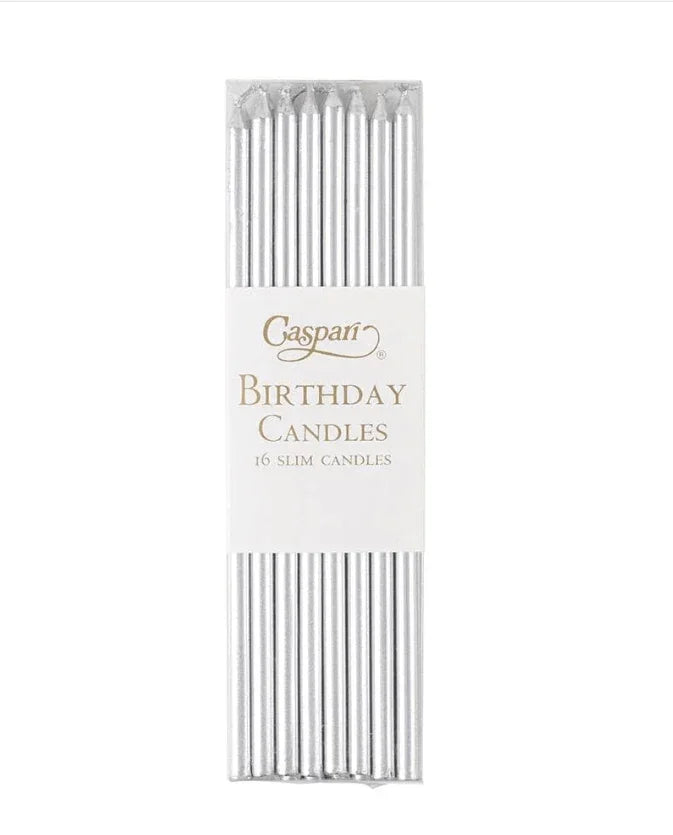 Slim Birthday Candles - 16 candles in a silver box with gold text and a logo. Adds elegant and whimsical flair to cakes and cupcakes for birthdays and special occasions.