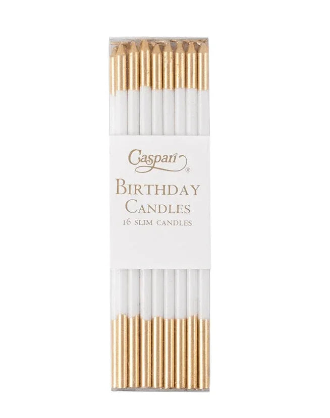 A box of 16 slim birthday candles for elegant and whimsical flair on cakes and cupcakes. Celebrate colorfully for birthdays and special occasions.