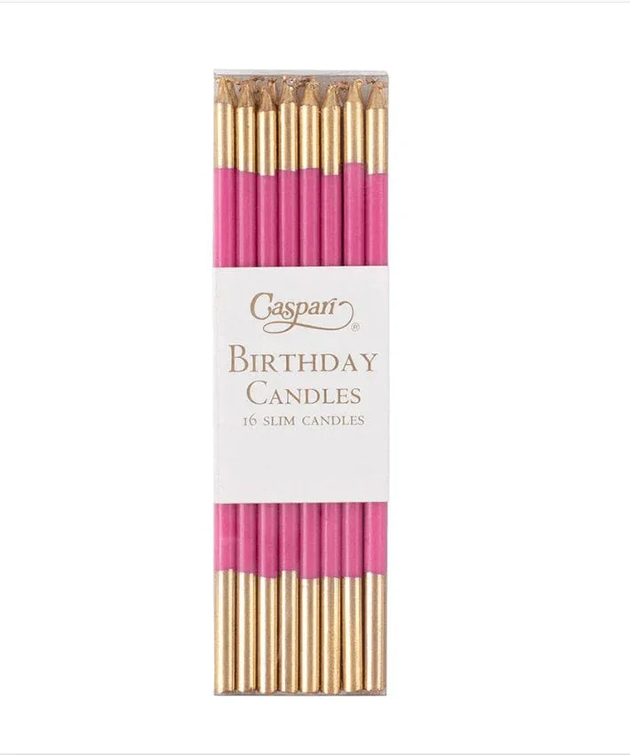 A package of 16 slim style birthday candles for elegant and whimsical flair.