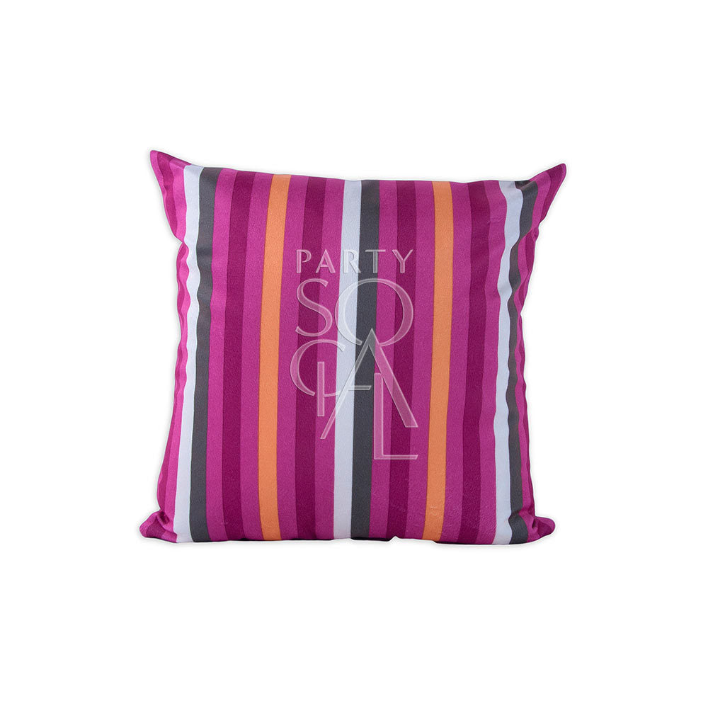 CUSHION PINK LINED PRINT VELVET featuring pink stripes and subtle olive green accents, ideal for adding a vibrant touch to any event decor.