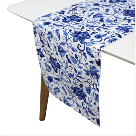 Summer Florals Polyester Linen Runner on a table with elegant design