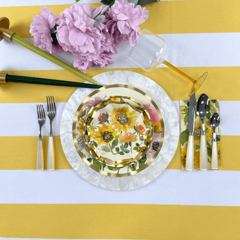 Sunflower Paper Appetizer & Dessert Bowl- 8 Per Package by Party Social: Elegant ruffled foil edge plates featuring sunflowers on off-white background, perfect for events.