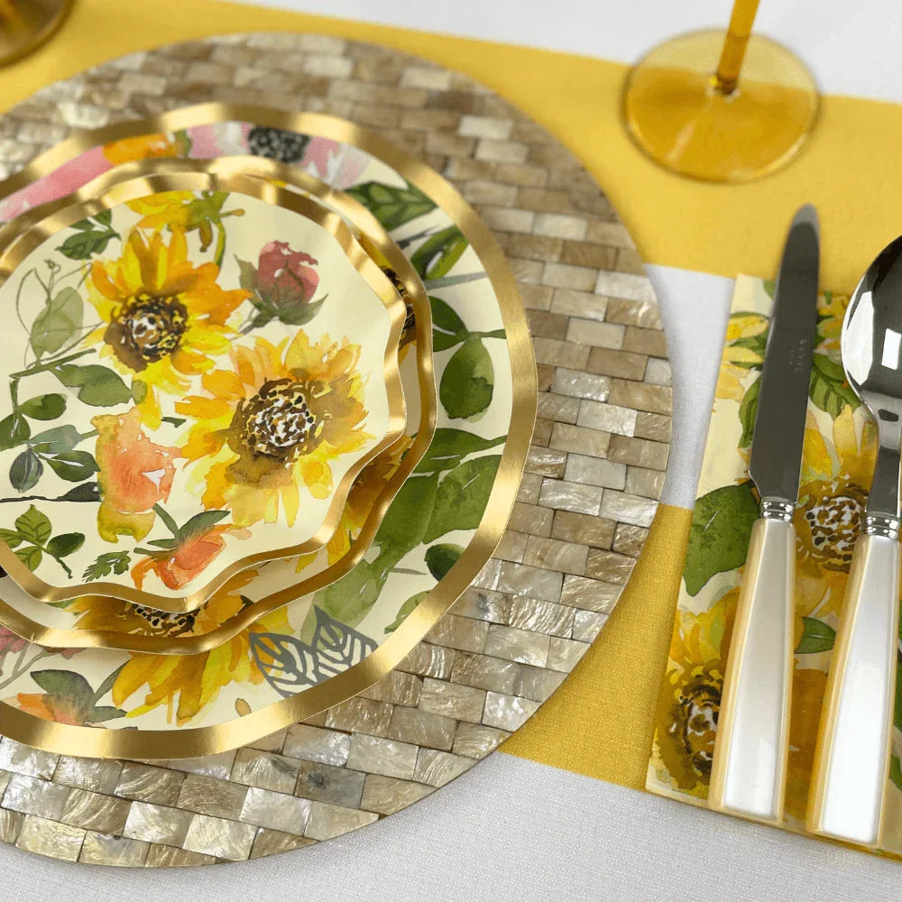 Sunflower Paper Salad & Dessert Plate - 8 Per Package: Elegant ruffled foil edge plates featuring a sunflower design on off-white background. Perfect for adding style to any event. From Party Social.