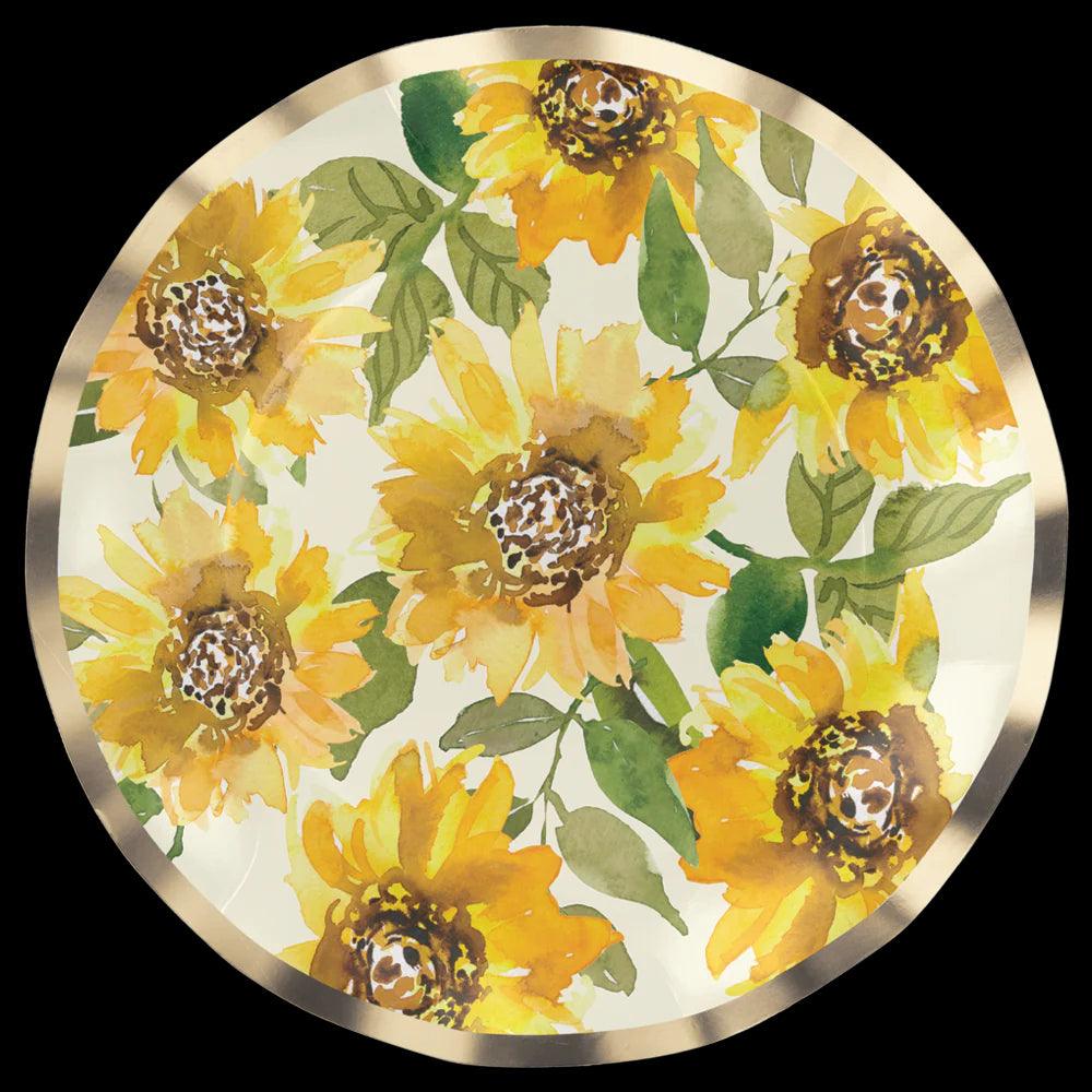 Sunflower Paper Salad & Dessert Plate- 8 Per Package: A ruffled foil edge plate featuring a sunflower design, perfect for adding elegance to any event.