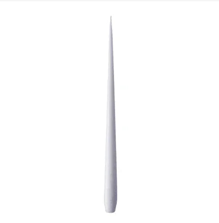 A white tapered candle with a black top, perfect for creating a warm ambience in any setting.