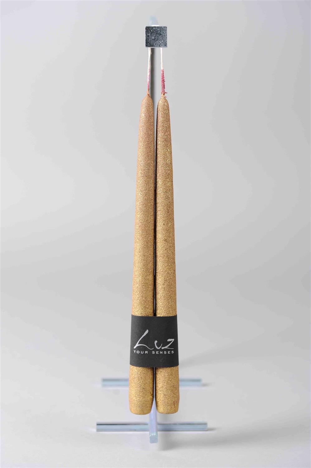 Tapered Smokeless Candles, 30cm, in gold. Artisan-made in Belgium, these elegant candles add warm ambience to any setting. Set of 2.