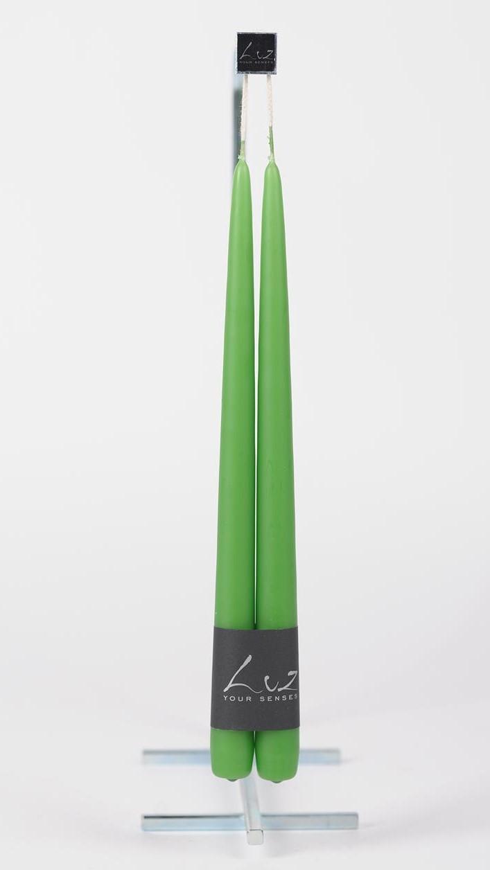 Tapered Smokeless Candles, 40cm, in a pair of elegant green bottles, artisan-made in Belgium for a warm ambience.