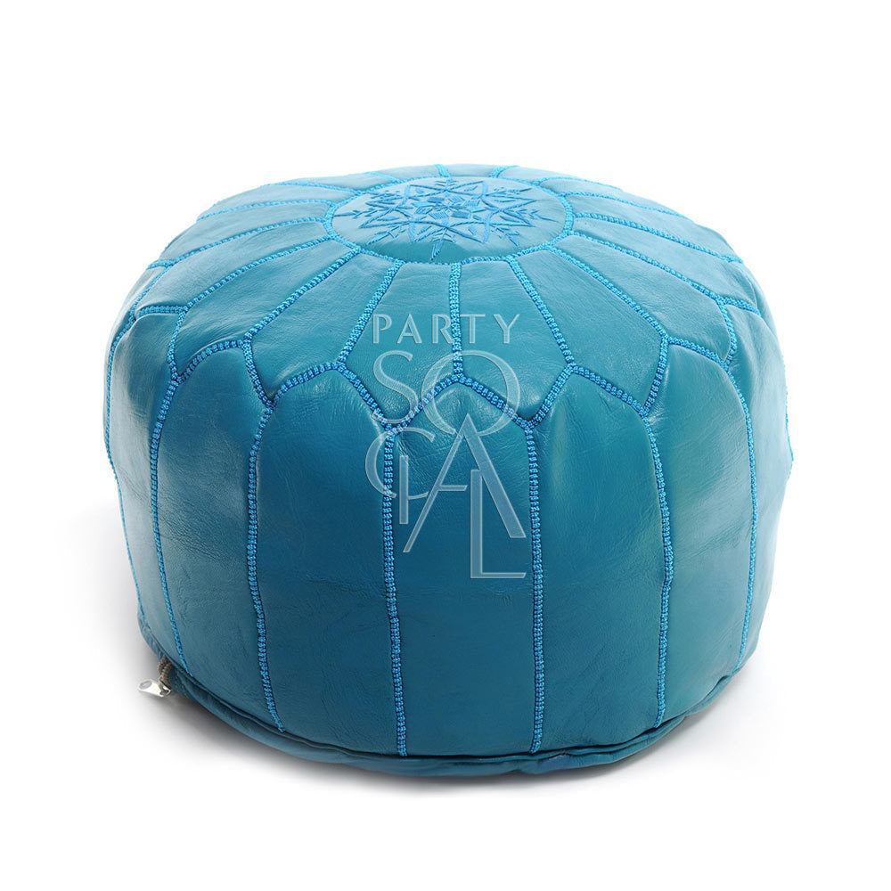 Moroccan Leather Pouf: a premium blue leather pouf with beaded stitching, functional as seating or decor, ideal for elegant party and event settings.