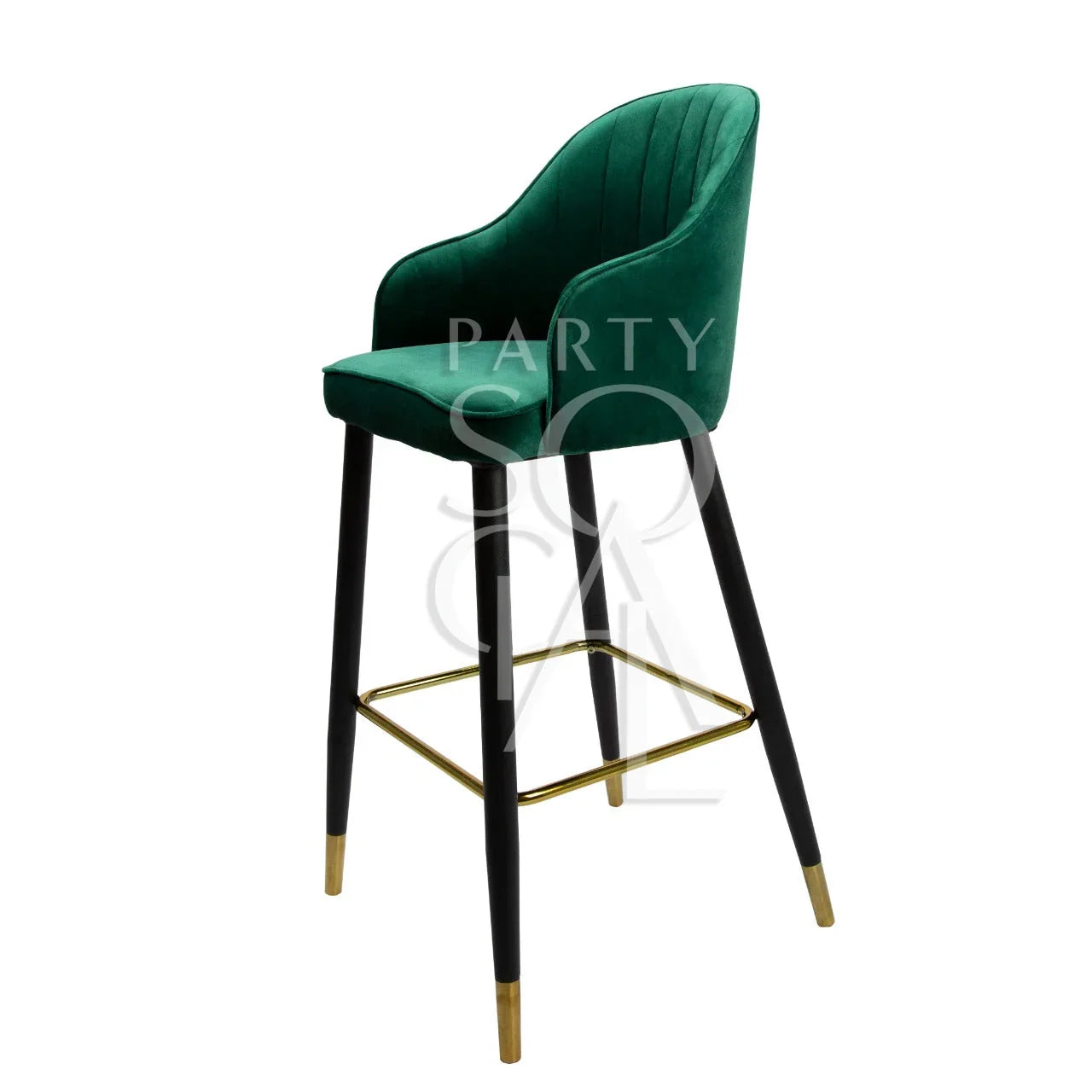 VELVET STOOL ROYAL GREEN with sleek black and gold legs, ideal for weddings and events, offering a stylish and modern seating option.