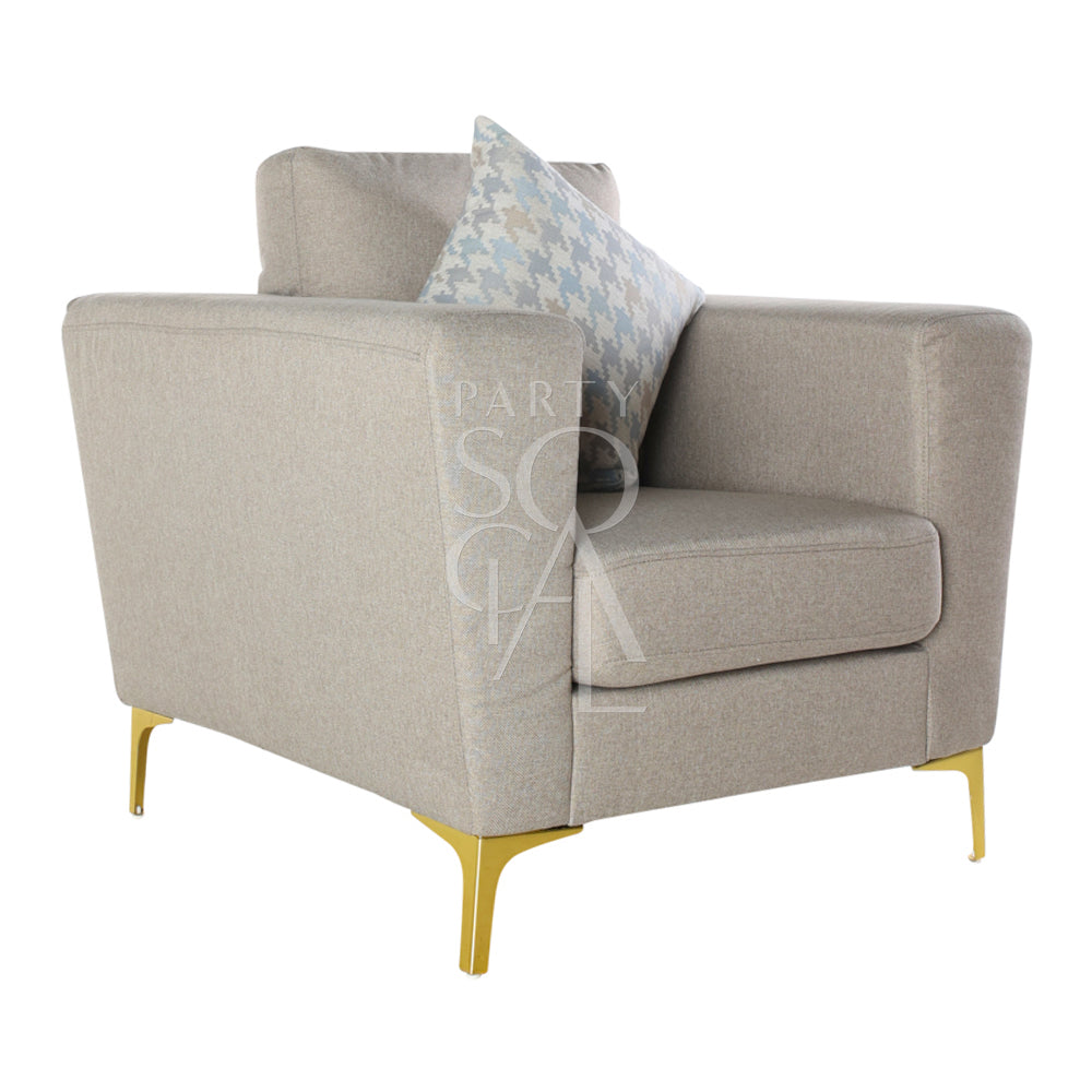 SAND FABRIC SOFA SINGLE SEATER: Modern dark sand fabric chair with pillow, ideal for lounge seating. Features sleek design, perfect for party and event rentals.